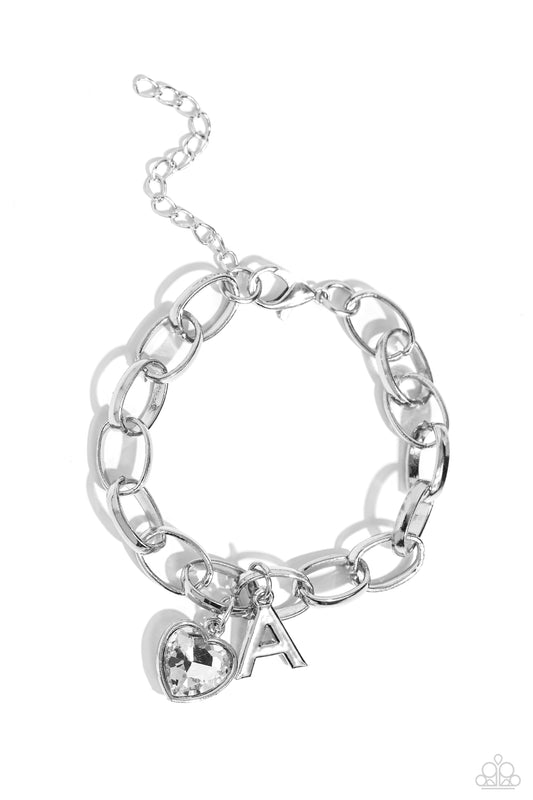 Guess Now Its INITIAL - White - A - Letter and Heart Charm Clasp Closure Bracelet - Paparazzi Accessories