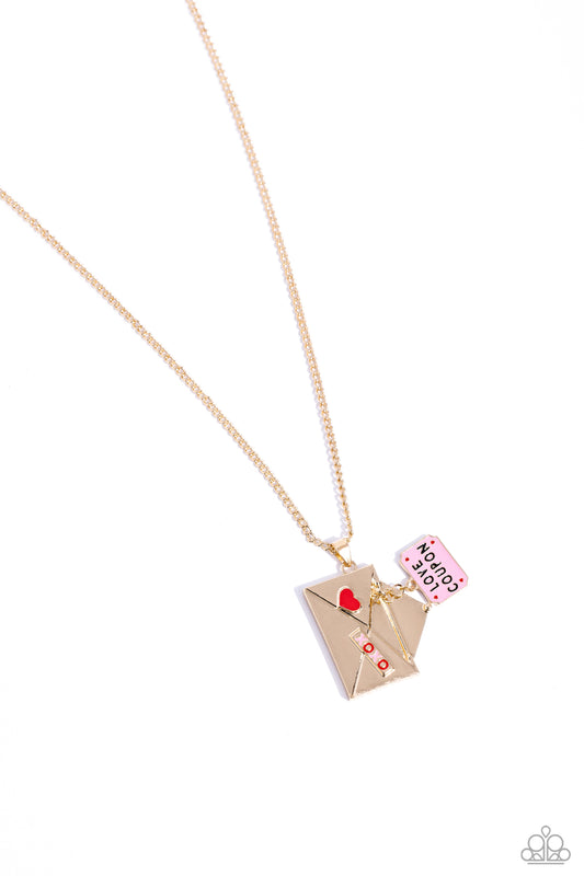 Love Coupon - Gold Envelope Charm Necklace - Paparazzi Accessories