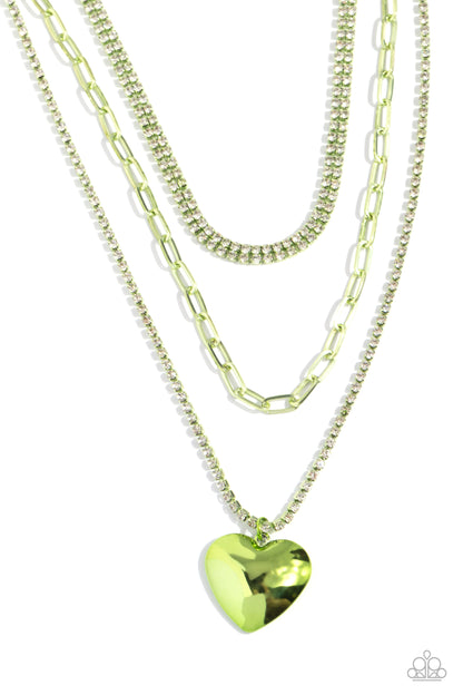 Caring Cascade - Green Metal Layered Heart Pendant Necklace - Paparazzi Accessories