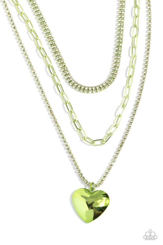 Caring Cascade - Green Metal Layered Heart Pendant Necklace - Paparazzi Accessories