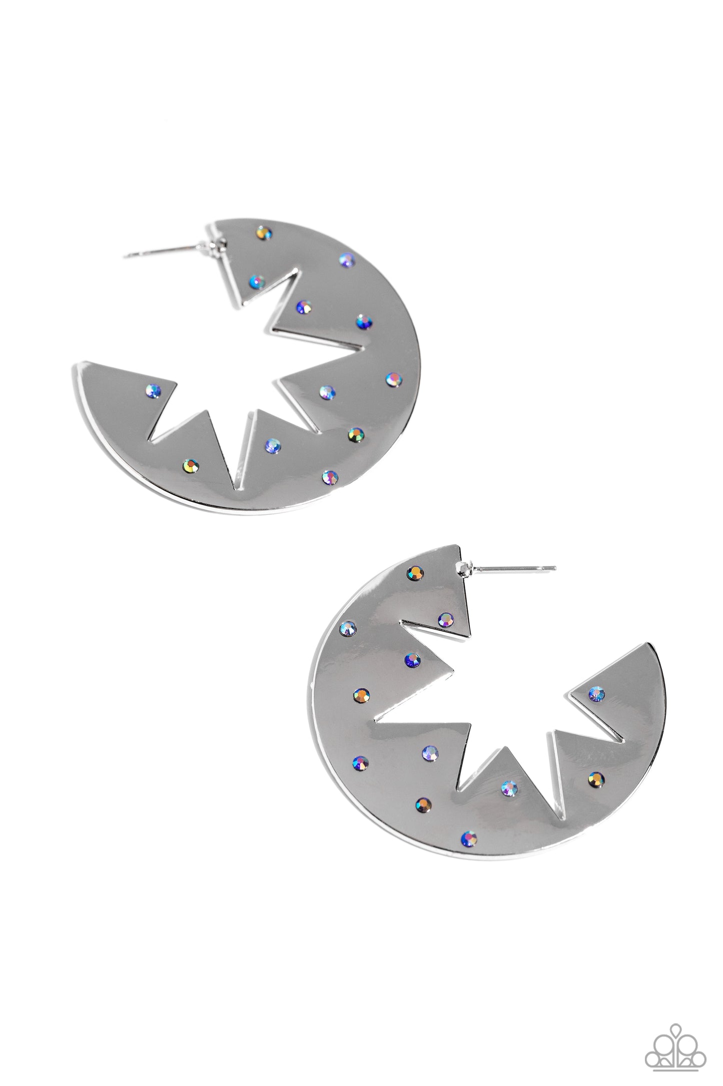 Starry Sensation - Blue Iridescent - Star Outline Silver Hoop Earrings - Paparazzi Accessories