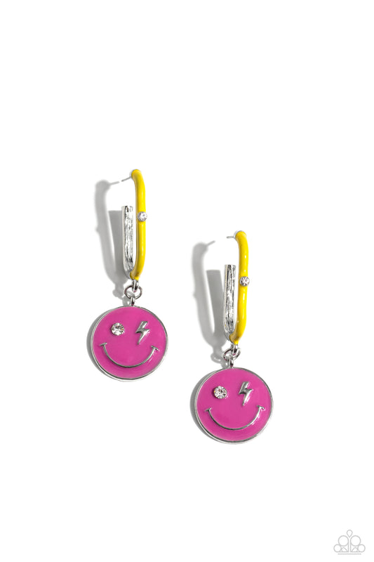 Personable Pizzazz - Pink - Smiley Face Drop Hoop Earrings - Paparazzi Accessories
