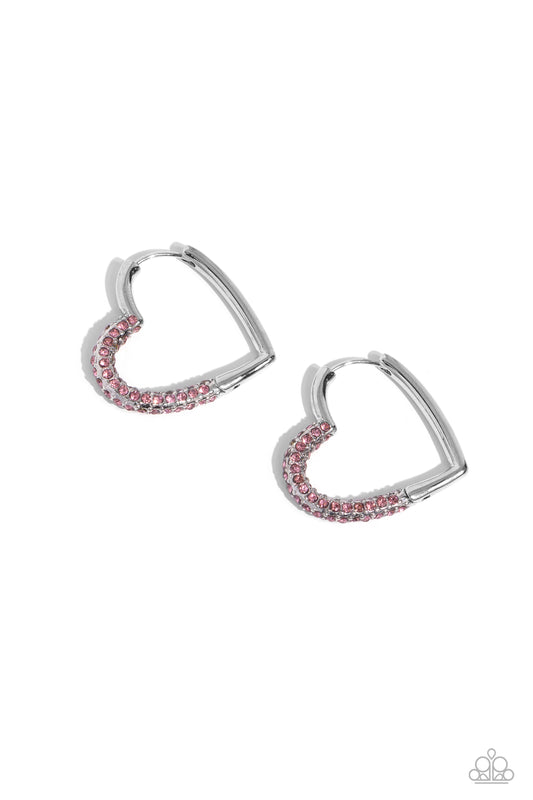 Be Mine, Valentine? - Pink Rhinestone Heart Hinge Hoops - Paparazzi Accessories