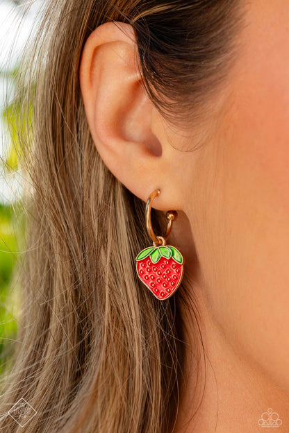 Fashionable Fruit - Gold Strawberry Drop Hoop Earrings - Paparazzi Accessories