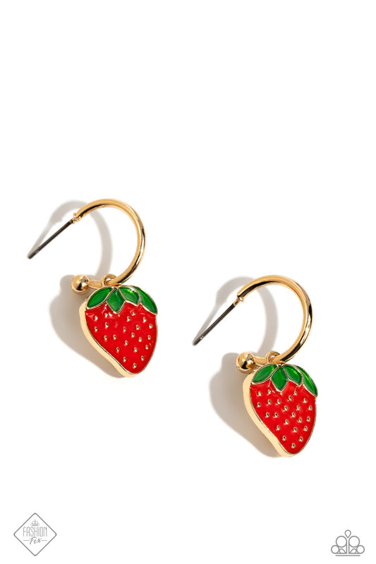 Fashionable Fruit - Gold Strawberry Drop Hoop Earrings - Paparazzi Accessories