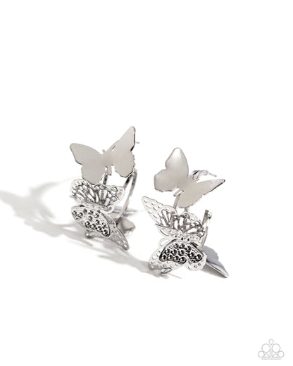 No WINGS Attached - Silver Butterfly Hoop Earrings - Paparazzi Accessories