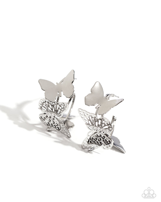 No WINGS Attached - Silver Butterfly Hoop Earrings - Paparazzi Accessories