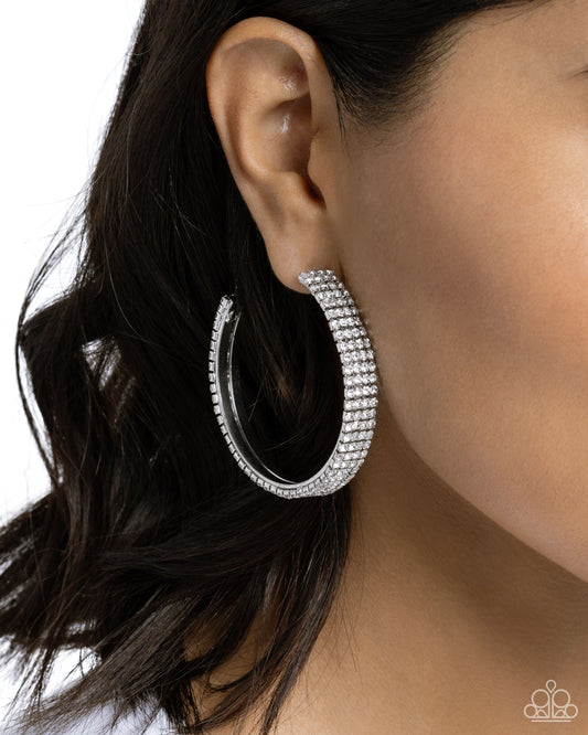 Stacked Symmetry - White Rhinestone Hoop Earrings - Paparazzi Accessories