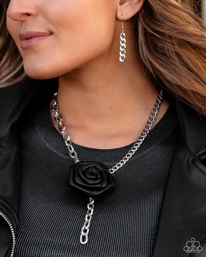 ROSE and Cons - Black Leather Rose Necklace - Empower Me Pink Exclusive - Paparazzi Accessories